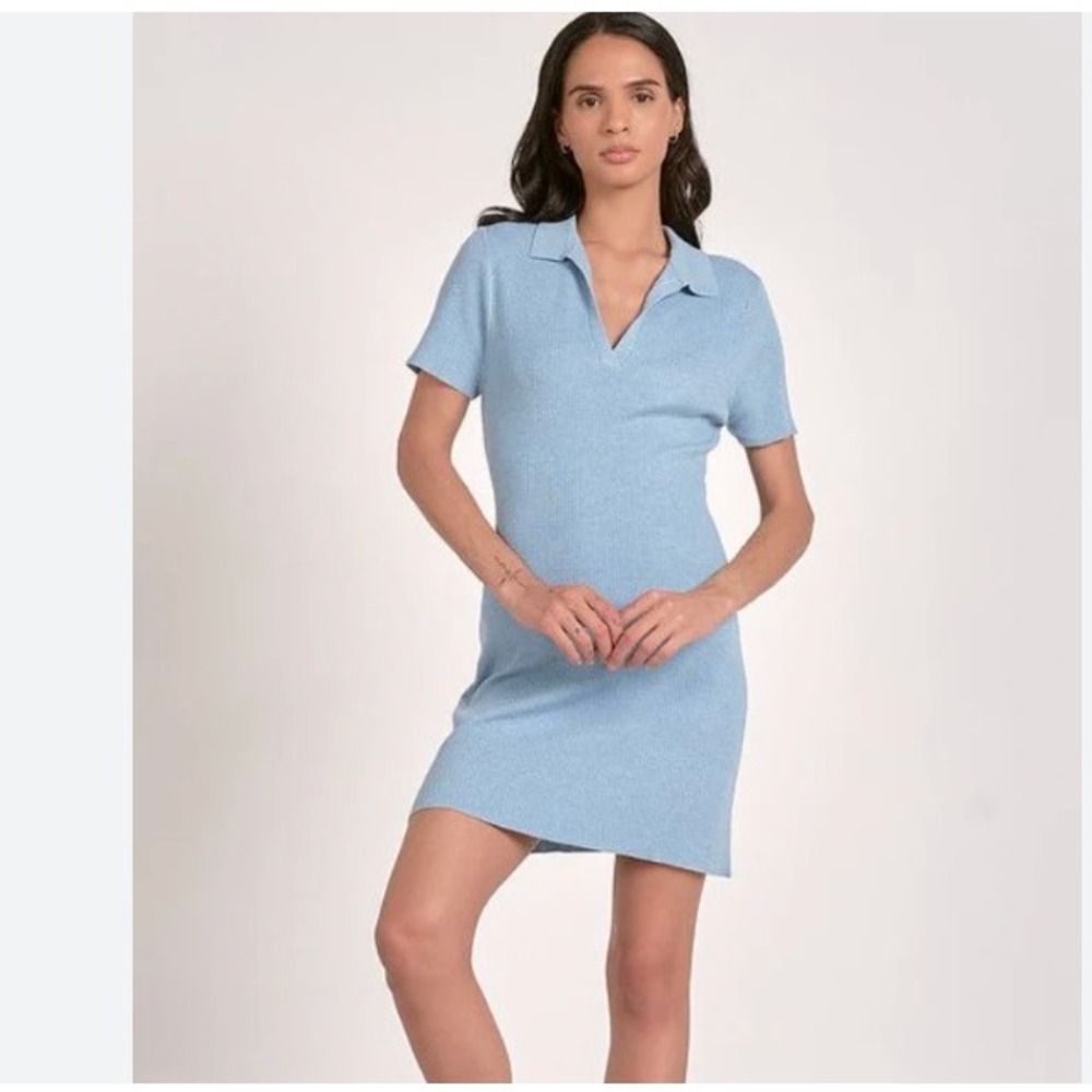 Elan Womens Ribbed Knit Polo Collar‎ Mini Slip Sweater Dress Blue Size Small